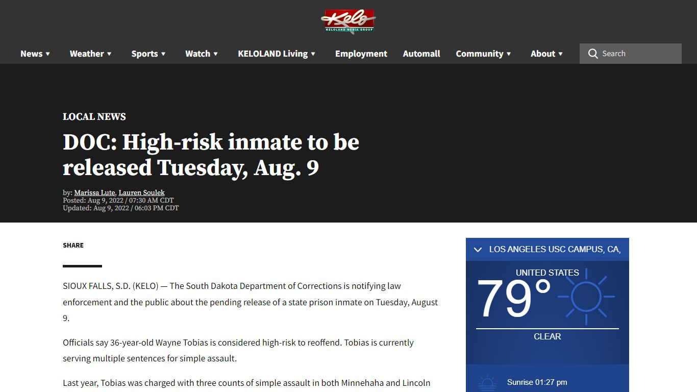 DOC: High-risk inmate to be released Tuesday, Aug. 9
